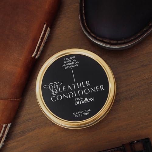 Side profile of Amallow 4 Ounce leather balm container for furniture care.