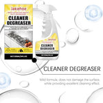 Wanban kitchen grease cleaner spray showing effective cleaning on stainless steel surfaces.