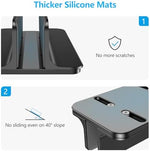 OMOTON space saving vertical stand holding a premium closed laptop