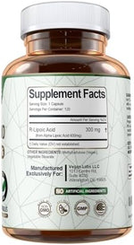 Supplement facts panel of Vegan Labs stabilized R-ALA 300mg dietary supplement