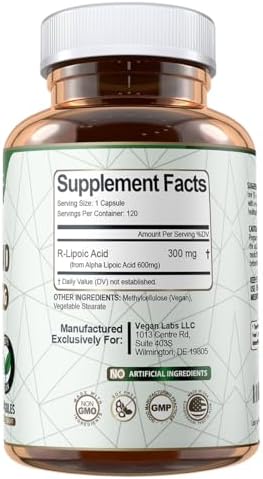Supplement facts panel of Vegan Labs stabilized R-ALA 300mg dietary supplement