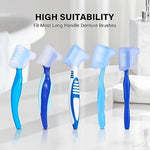 Compact travel-friendly denture toothbrush case protecting bristles inside a toiletry bag