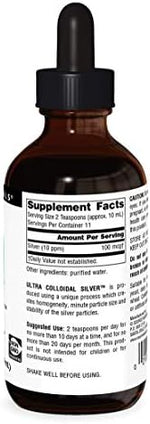 Back label view of authentic USA imported liquid silver dietary supplement explaining suggested usage and warnings