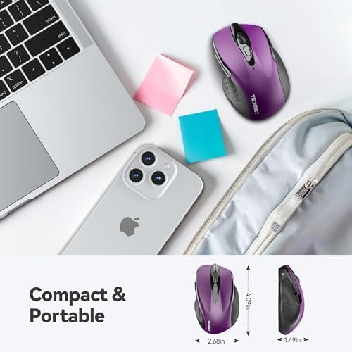 Tecknet purple computer mouse side profile displaying the ergonomic thumb rest and side navigation buttons