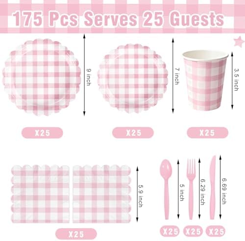 Close up of scalloped edge pink and white gingham paper plates