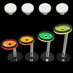 Saricho colorful reef aquarium frag bracket set separated to show four independent neon columns and four round white ceramic foundations