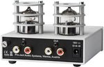 Rear panel view of the Pro-Ject vinyl preamplifier highlighting gold-plated RCA inputs and grounding post.