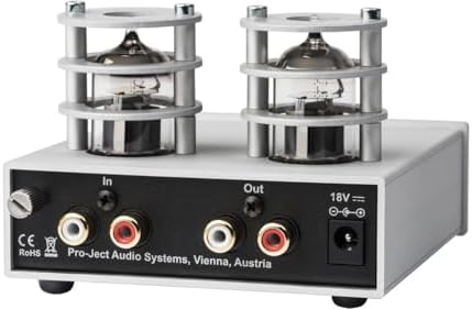 Rear panel view of the Pro-Ject vinyl preamplifier highlighting gold-plated RCA inputs and grounding post.