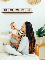 Biubee pentafolded pregnancy announcement frame showing standard photo insert dimensions and rustic wood grain texture