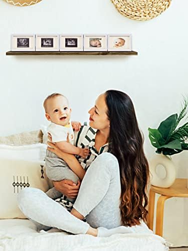Biubee pentafolded pregnancy announcement frame showing standard photo insert dimensions and rustic wood grain texture