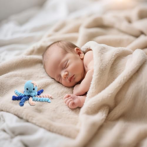 Washable cotton crochet octopus therapeutic gift for premature infants in blue