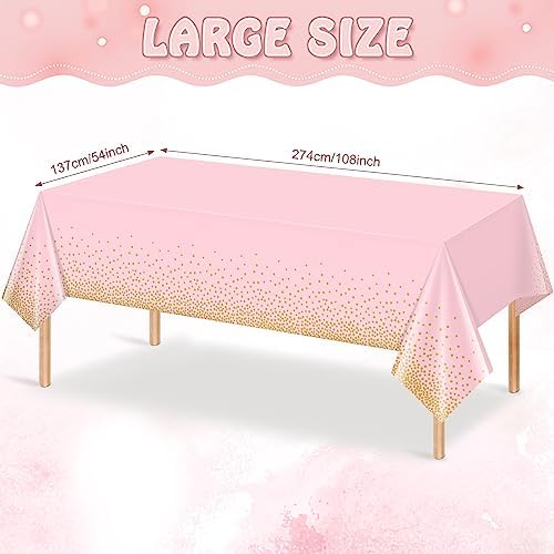 Close up of gold foil dot design on pink plastic tablecloth