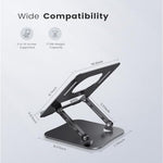 Orlian universal laptop riser supporting a large silver notebook showing under desk storage space