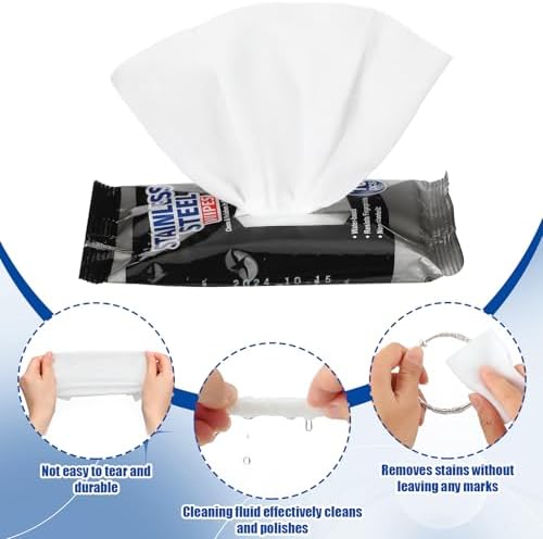 Close up of stainless steel wipes cleaning kitchen appliance