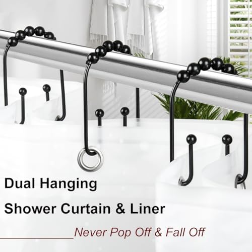 Close up of black metal anti drop shower rings for dual hanging.
