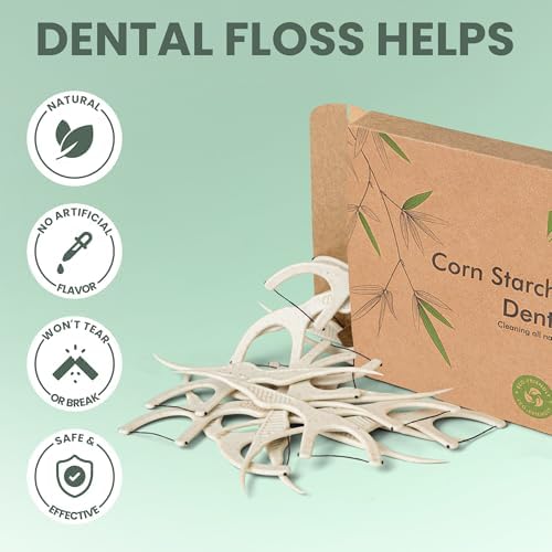 Shred resistant bamboo charcoal floss picks showing the built in toothpick tail design