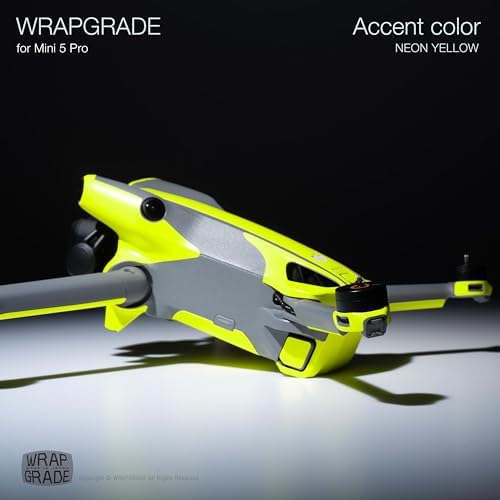 Packaging of WRAPGRADE partial wrap set for DJI Mini 5 Pro demonstrating genuine automotive grade material