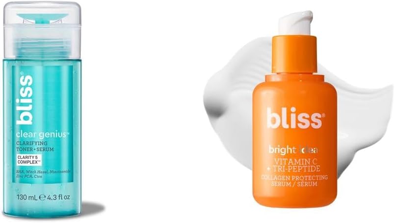 Bliss Clear Genius Toner and Bright Idea Serum skincare duo front view