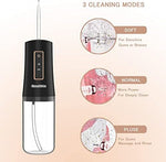 iHealthia dental flosser with four interchangeable rotating nozzle tips displayed alongside