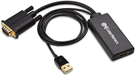 Cable Matters VGA to HDMI converter showing the male VGA connector pin layout and integrated USB attachment.