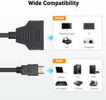 Black thirty centimeter HDMI splitter cable layout on a clean background