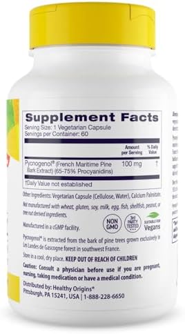 Healthy Origins French maritime pine bark extract supplement label details and active ingredients