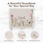Upstart Decor pink linen guest book open on a table