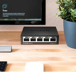 D-Link five port gigabit unmanaged switch angled view showcasing the professional black design suitable for home offices.