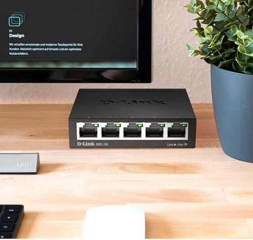 D-Link five port gigabit unmanaged switch angled view showcasing the professional black design suitable for home offices.