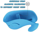Blue whale faucet protector installed on a standard bathroom tap.