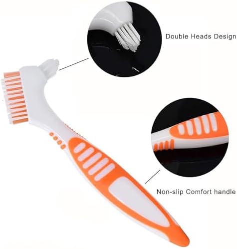 Dual head denture cleaning brush showing large angled bristles and tapered trim