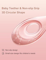 Mmmon brand baby dental care set featuring pink toothbrush and teether.