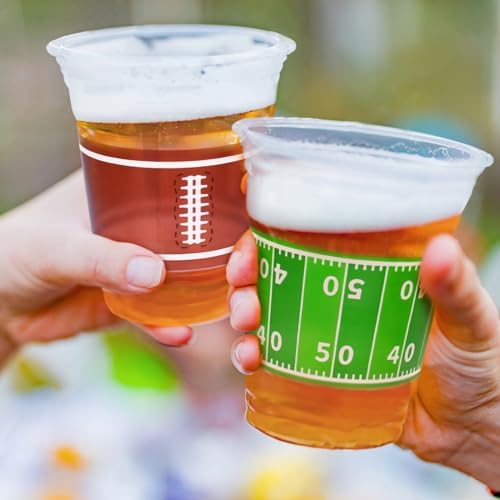 Gatherfun imported USA party supplies football cups stacked on a table.