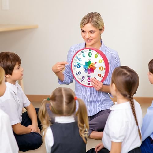 Shatterproof acrylic face and rainbow colored numbers on the kids educational time clock