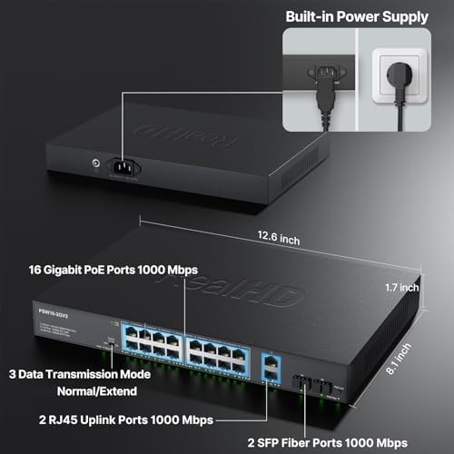 Real HD unmanaged network switch front panel displaying power indicators and extend mode toggle switch