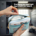 Stylish black feminine product organizer used as a travel pouch for personal care.