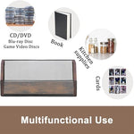 Compact disc organizer shelf filled with slim cases inside a bedroom closet setup.