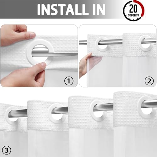 YellyHommy hookless shower curtain showing snap in fabric liner mechanism