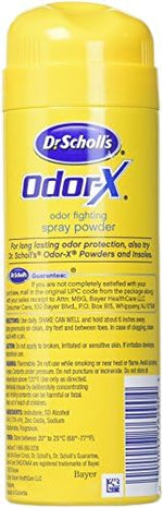 Close up of Dr. Scholl's Odor Fighting Spray Powder 4.7 Ounce canister showing usage instructions.