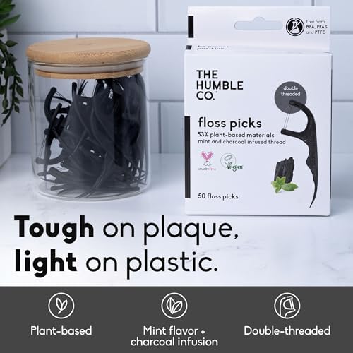 The Humble Co sustainable dentist-designed dental flossers with charcoal and mint double thread