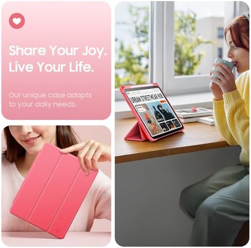 Fintie pink hybrid tablet shell displaying the flexible shock absorbing corner bumper protection