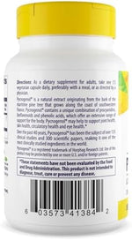 Side view of Healthy Origins Pycnogenol 150 mg bottle displaying dietary supplement facts and directions.