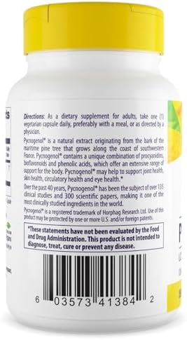 Side view of Healthy Origins Pycnogenol 150 mg bottle displaying dietary supplement facts and directions.