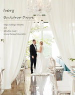 Two panels of Party Village ivory background drapes framing a birthday party balloon arch