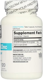 365 By Whole Foods Market Chelated Zinc Plus Copper 120 count bottle ingredients listing