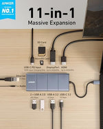 Anker 11-in-1 laptop dock displaying the dual monitor 4K HDMI and DisplayPort video output connections close up.