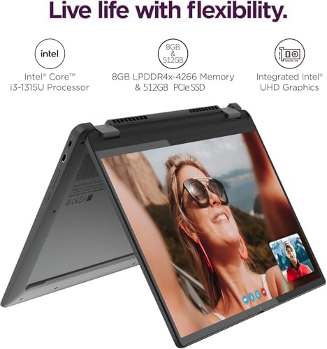 Lenovo 2-in-1 convertible touchscreen laptop folded into tablet mode illustrating the flexible 360-degree hinge layout.