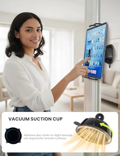 OHLPRO adjustable iPad wall holder showing the heavy duty vacuum suction cup base attached to kitchen tiles.