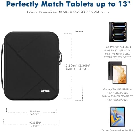 MoKo 13 inch Tablet Sleeve Bag for 13 inch iPad Pro M5/Air M3 2025, iPad Pro 13 M4/Air M2, Pro 12.9, Galaxy Tab S8+/S9+ 12.4, Hard Shell EVA iPad Bag with Storage and Padded Handle, Black - Image 3