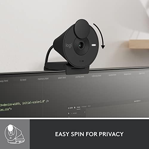 Logitech Brio black webcam positioned on top of a laptop screen displaying the low-light correction feature.
